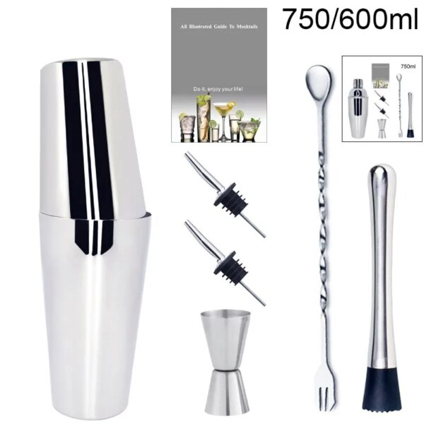 1-6Pcs 750ml 750/600ml Cocktail Shaker Set With Cocktail Recipe, Bartending Kit Bar Tools Accessories Pourer Muddler Jigger