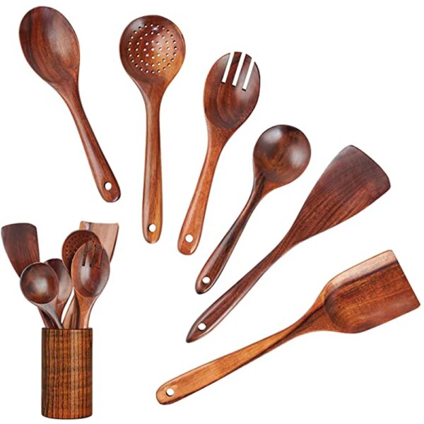 1-7pcs Kitchen Utensils Set,Wooden Cooking Utensil Set Non-stick Pan Kitchen Tool Neighbor gift  Wooden Cooking Spoons Set