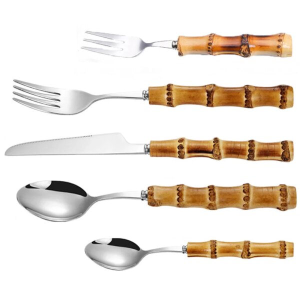 1 Set Steak Cutlery Reusable Stainless Steel Bamboo Flatware Western Tableware