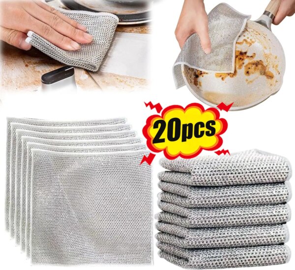 10/20pcs Silver Cleaning Cloth Magic Dish Towel Reusable Non Stick Oil Dishcloth Pot Strong Rust Replace Steel Wire Balls Rag