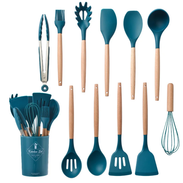 11Pcs/set Silicone Cookware Set Kitchen Cooking Tools Baking Tools Tableware Wooden Shovel Spoon Scraper Kitchen Accessories