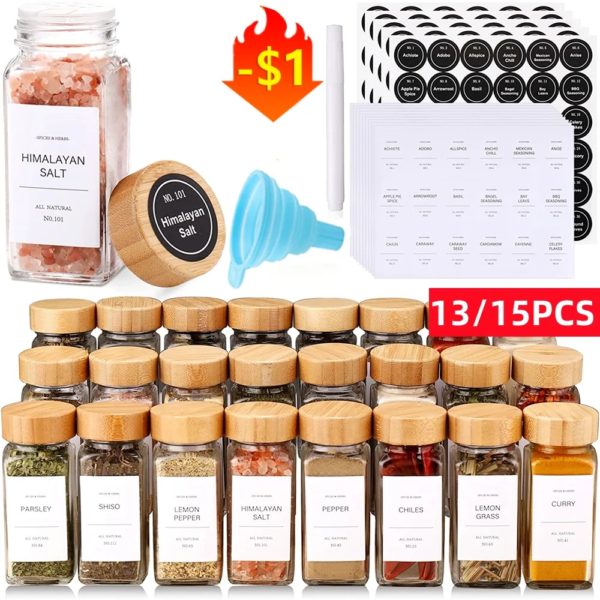 12/13pcs Glass Spice Jars with Bamboo Airtight Spice Organizer Containers Seasoning 120ml Storage Bottles Kitchen Spice Jars Set