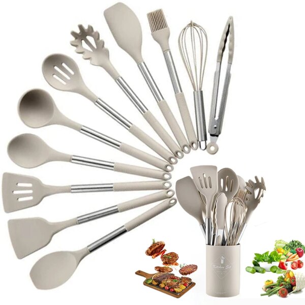 12 Pieces Silicone Kitchen Cooking Utensils Set with Stainless Steel Handle, Spatula Set Utensil Set, Cooking Utensil Set