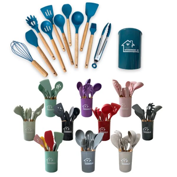 12Pcs/Set Silicone Kitchen Utensils Set Turner For Kitchen Cooking Tools Spoons Ladle Whisk  Non-stick Cookware Kit Spatula Wood