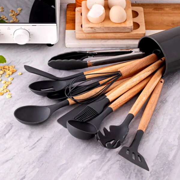 12Pcs/Set Silicone Kitchen Utensils With Storage Wooden Handle Bucket High Temperature Resistant And Non Stick Pot Spatula Spoon