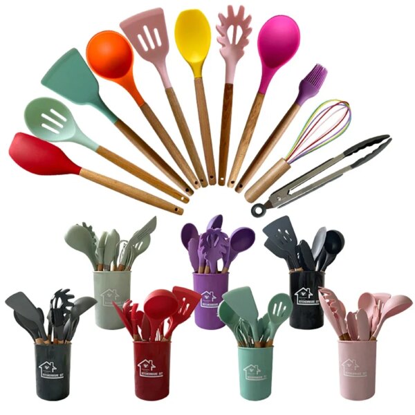 12Pcs Silicone Kitchen Non-stick Cooking Utensil Sets Wood Handle Heat Resistant Best Kitchen Cookware（Thickened Version）