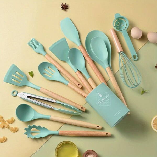 12Pcs Silicone Kitchenware Cooking Set Wooden Handle Non-stick Cookware Spatula Shovel Egg Beaters Kitchenware Utensils Kit