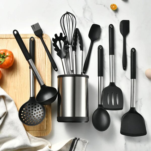 12Pcs Stainless Steel Non Stick Silicone Kitchenware Set Spatula Soup Spoon Kitchen Utensils Rotating Storage Bucket Eggbeater