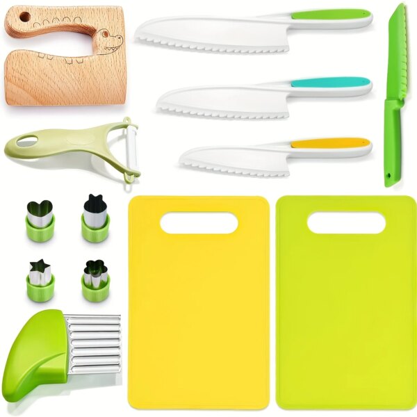 13PCS Kids Cooking Cutter Set Kids Knife Toddler Wooden Cutter  Plastic Fruit Knives Children DIY Peeler Kitchen Accessories