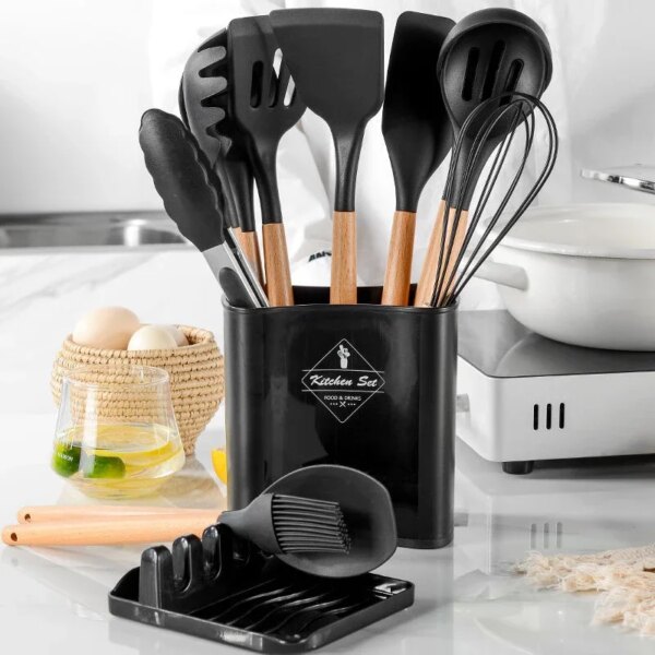 13Pcs Silicone Kitchenware Cooking Utensils Non-stick Cookware Spatula Egg Beaters Shovel Wooden Handle Kitchen Tool Accessories