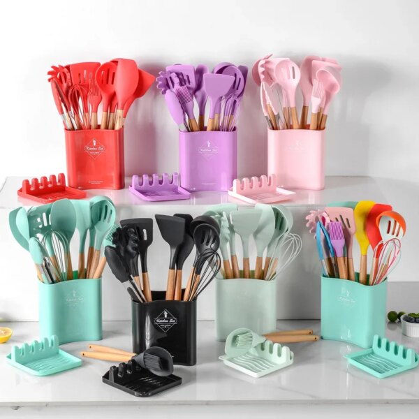 13Pcs Silicone Kitchenware Non-stick Cooking Utensils Cookware Spatula Egg Beaters Shovel Wooden Handle Kitchen Tool Accessories