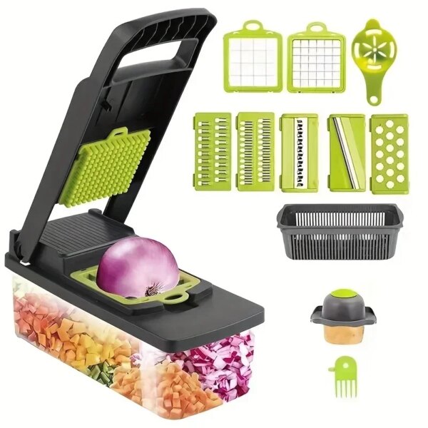 14-piece/set, multi-purpose vegetable cutter and fruit slicer with container, essential kitchen accessories for easy preparation