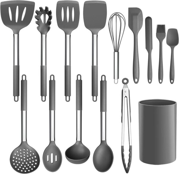 15-Piece Cooking Kitchen Utensils Set with Holder, Silicone Kitchen Tools Stainless Steel Handle, Slotted Spatula Spoon Turner