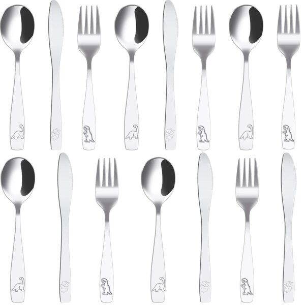 15Pcs Kids Silverware Set 410 Stainless Steel Kids Fork Spoon and Cutter Set Funny Dinosaur Flatware Set for Children Toddler