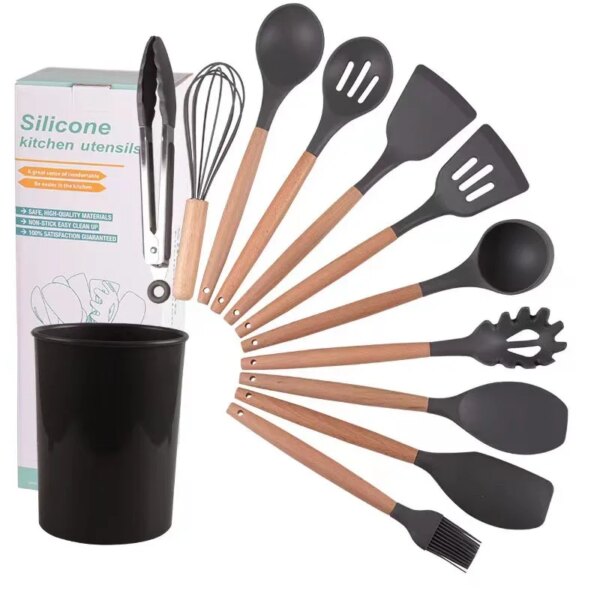 12Pcs Silicone Cooking Utensils Set Wooden Handle Kitchen Cooking Tool Non-stick Cookware Spatula Shovel Egg Kitchenware Beaters