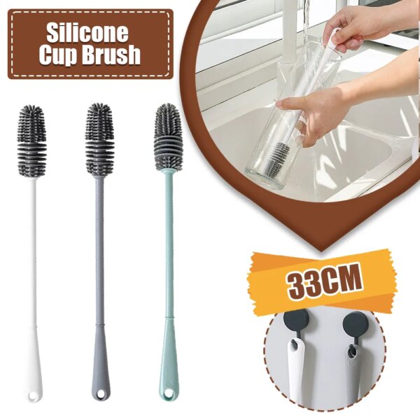 Silicone Cup Brush Milk Bottle Cleaning Brush Long Handle Water Bottles Cleaner Glass Cup Washing Brush Kitchen Scrubbing Tools