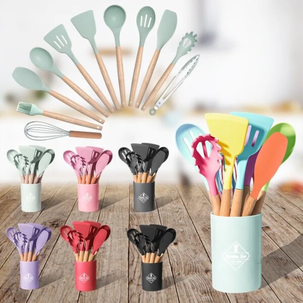 12Pcs Silicone Cooking Utensils Set Wooden Handle Kitchen Cooking Tool Non-stick Cookware Spatula Shovel Egg Kitchenware Beaters