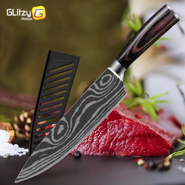 Kitchen Knife Set Damascus Laser Chef Knives 7CR17 440C Stainless Steel Japanese Meat Cleaver Slicer Santoku Cutter Cooking Tool