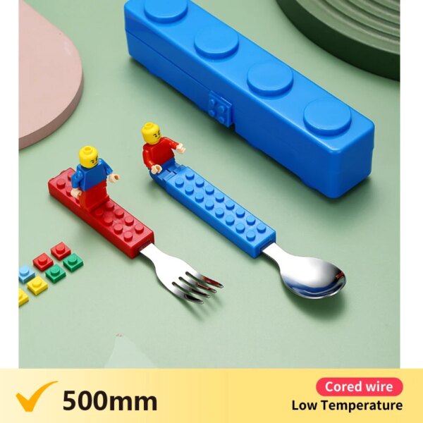 304 Stainless Kids Funny Fork Spoon Set Children Building Block Toys Cartoon Steel Tableware Portable Storage Jigsaw Puzzle Toys