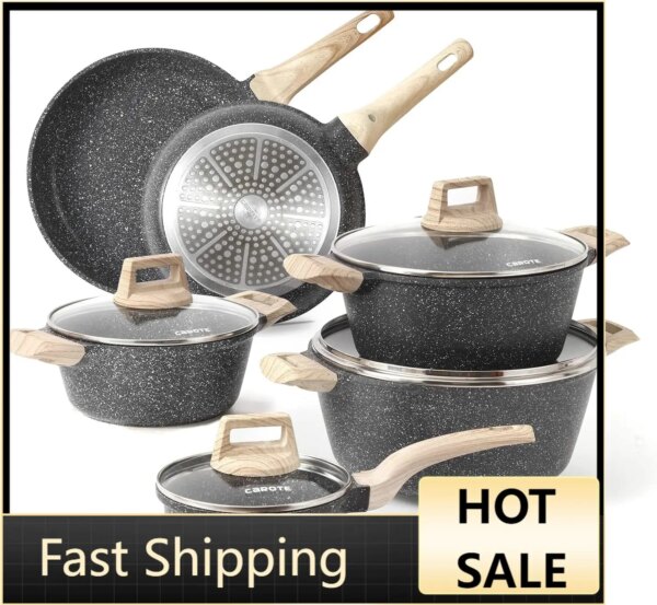 Carote Nonstick Granite Cookware Sets 10 Pcs Stone Cookware Set,non stick frying pan set, pots and pans set