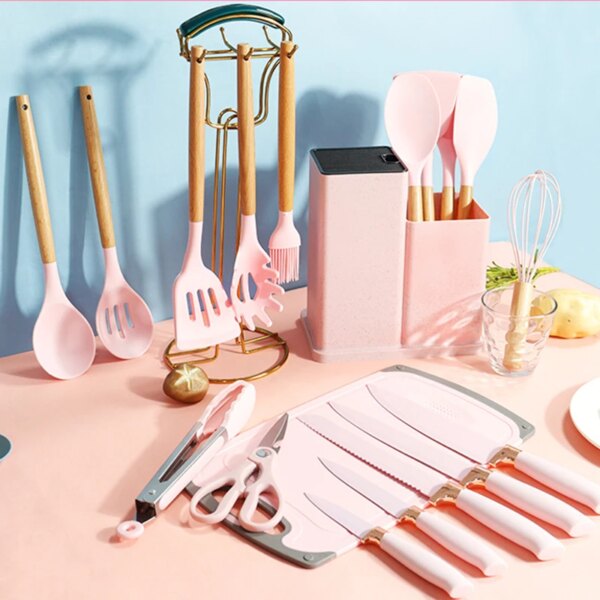 19Pcs Silicone Kitchen Utensils Set Non-Stick Cookware For Kitchen Wooden Spatula Egg Beaters Kitchenware Kitchen Accessories