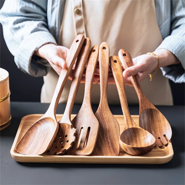 1PC Acacia Wooden Tableware Wooden Spoon Soup Skimmer Cooking Spoon Spatula Long Colander Dinner Home Cookware Set