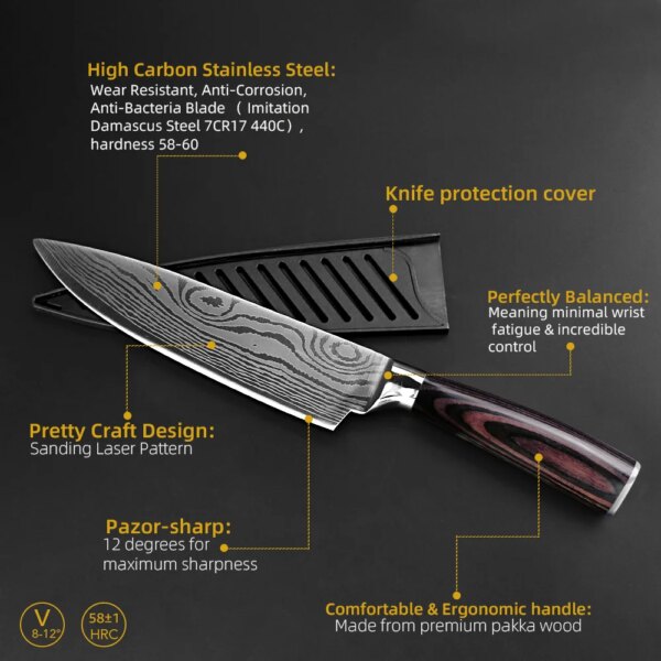 1PC Kitchen Knife Laser Damascus Steel 7CR17 440C Japanese Chef Knives Slicing Meat Cleaver Sharp Santoku with Pakkawood Handle