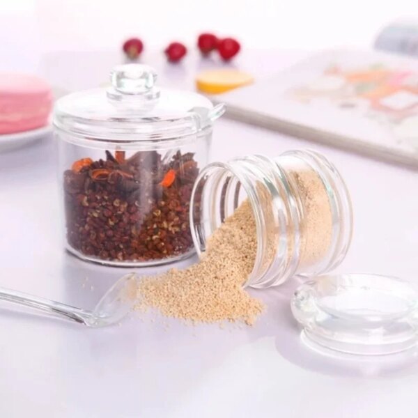 1PC Seasoning Jar, Kitchen Items Clear Sugar Bowl, Household Seasoning Jar Seasoning Box with Spoon Kitchen Tools