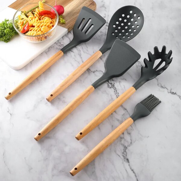 1Pcs Silicone Wood Handle Gray Spatula, Soup Spoon, Spatula, Spaghetti Noodle, Kitchen Cooking Tools, Kitchen Utensils Tableware