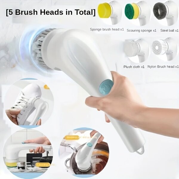 1pc Magic Brush Multifunctional Electric Cleaning Brush With5 Brush Heads For Kitchen, Bathroom, And More - Clean PotsAnd Dish