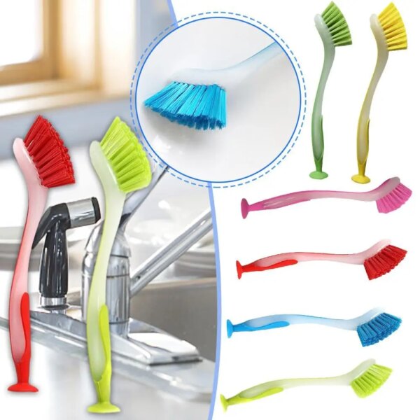 1pc Pot Cleaning Brush Vertical Multifunction Kitchen Suction Cup Type Sink Cleaning Scrub Brush Long Handle