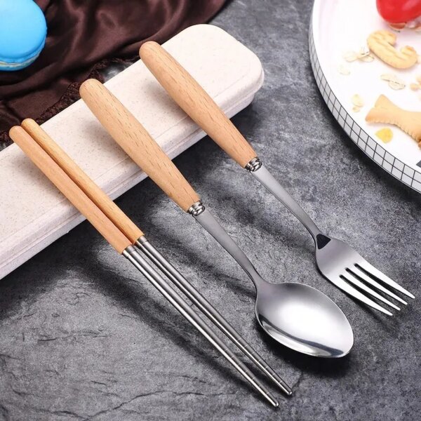 1set Creative Wooden Handle Stainless Steel Tableware and Portable Three Piece Set of Spoons Forks and Chopsticks with Box