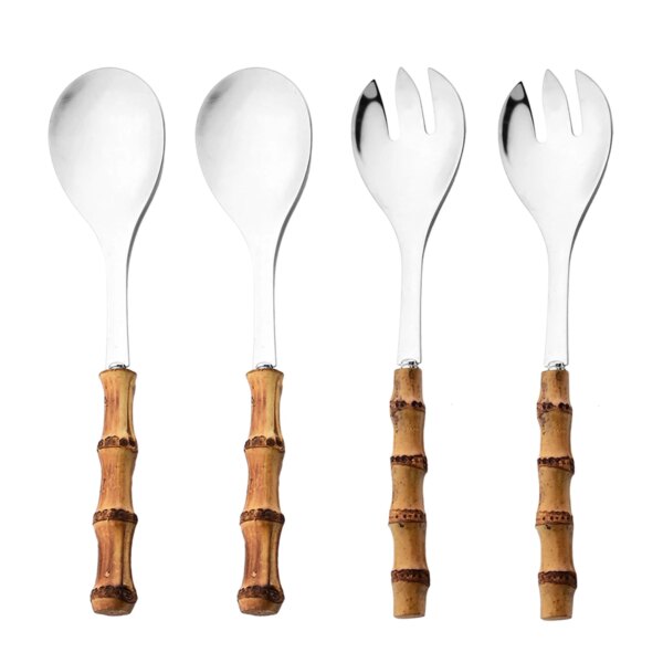 2/4Pcs Long Handle Serving Spoon Fork Bamboo Wooden Handle Salad Spork Kitchen Stainless Steel Tableware Cutlery Silverware Set