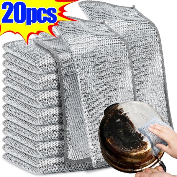 20/1Pcs Magic Dishcloth Silver Wire Cleaning Cloths Thickened Double-sided Metal Wire Rags Household Kitchen Cleaning Supplies