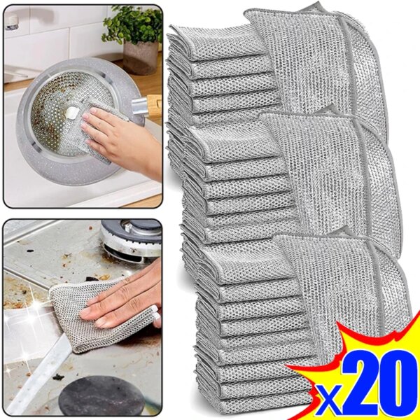 20-1pcs Metal Steel Wire Dishcloths Magic Cleaning Cloths Thickened Double-sided Dishwashing Rags Non-stick Oil Kitchen Tools