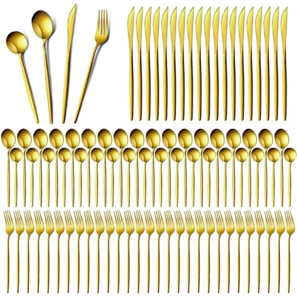 200 Pcs Gold Silverware Set with Knives Spoons and Forks Portable Stainless Steel Flatware