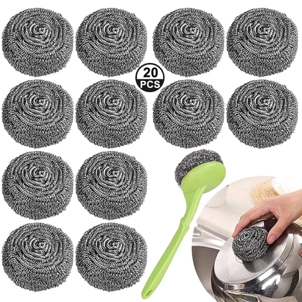 20Pcs Steel Wire Ball Brush with Handle Pot Cleaning Brush Dishwashing Brush Stainless Steel Wire Ball Kitchen Cleaning Sponges