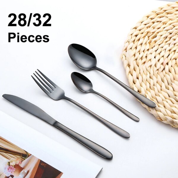 24/28/32 Pieces Black Tableware Stainless Steel Western Cutlery Set Elegant Dinner Set Mirror Knife Fork Spoon Kitchen Utensils