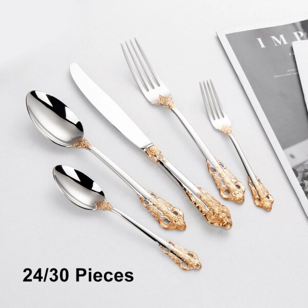 24/30Pieces Gold Cutlery Set Stainless Steel Vintage Western Dinnerware Luxury Tableware Engraving Forks Knive Spoons Sliverware