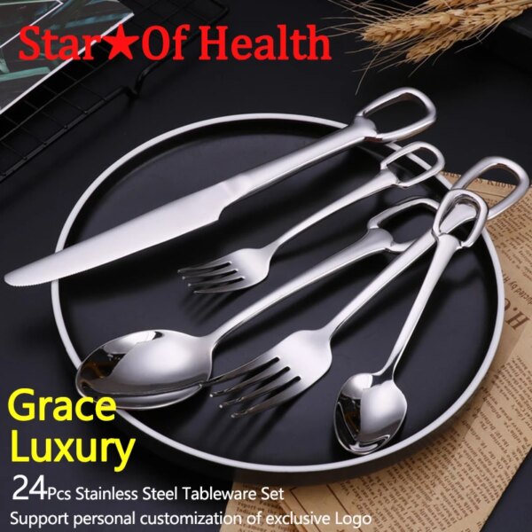 24Pcs Creativity European Style Luxury Cutlery Set Knife Fork Spoon Stainless Steel Tableware Elegant Dinnerware Hangable Design