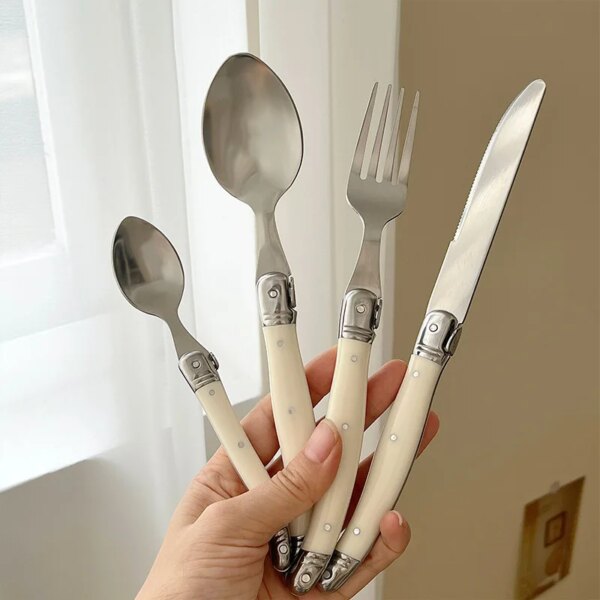 24Pcs Laguiole Cutlery Set Steak Knife Fork Soup Tea Spoon Ivory White Plastic Handle Food Grade Stainless Steel Dinnerware