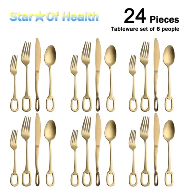 24Pcs Luxury Tableware Set Stainless Steel Matte Cutlery Creativity European Knife Fork Spoon Dinnerware Hangable Cutlery Set