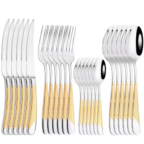 24Pcs Tableware Sets Stainless Steel Dinnerware Western Cutlery Knives Forks Spoons Flatware Dinner Set Mirror Dishwasher Safe