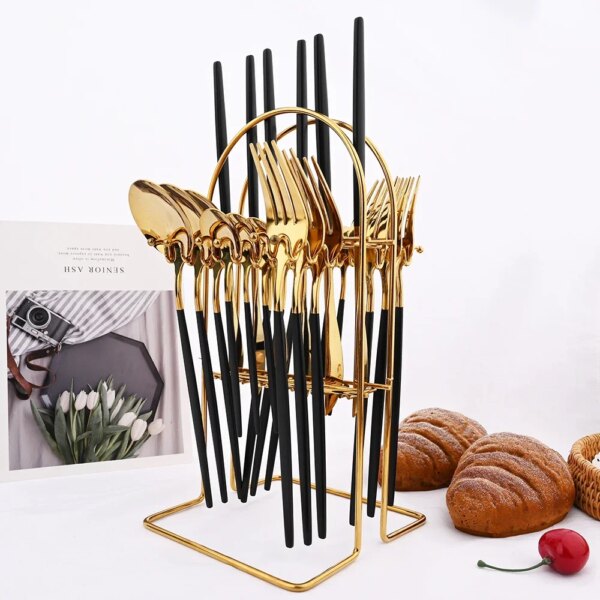 24pcs Black Gold Dinnerware Set Stainless Steel Cutlery Set Kitchen Fork Knife Spoon Tableware Set Flatware Set Silverware Set