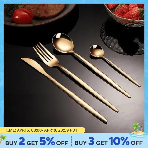 24pcs Gold Dinnerware Set Stainless Steel Steak Knife Fork Coffee Spoon Teaspoon Flatware Dishwasher Safe Kitchen Tablewar