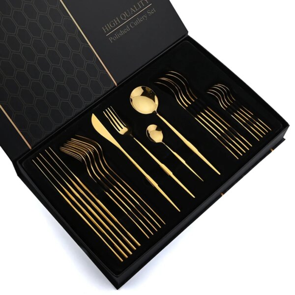 24pcs Gold Flatware Set Stainless Steel Cutlery Gift Box Set - Mirror Polished Luxury Western Food Steak Knife Spoon Suitable