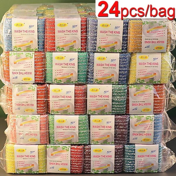 24pcs Steel Wire Sponge Wipes Reusable Double Sided Cleaning Cloth Non-stick Oil Brush Kitchen Dishcloth Scouring Pad Rags Towel