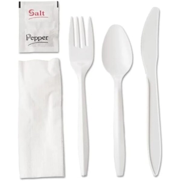 250 Plastic Cutlery Packets - Knife Fork Spoon Napkin Salt Pepper Sets