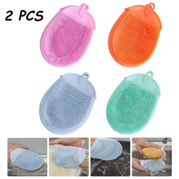 2Pcs Silicone Cleaning Brushes Bathing Brush Double-Sided Sponge Dish Washing Brush Bowl Pot Pan Wash Tool Cleaner Scouring Pad