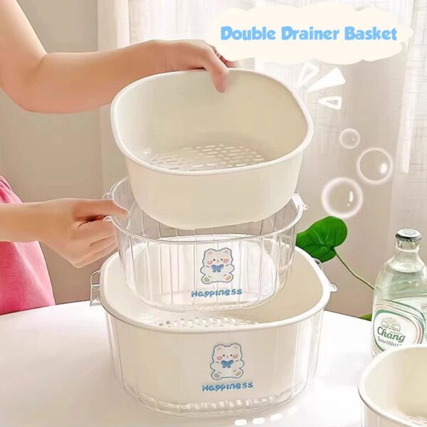 2pcs Multifunctional Plastic Kitchen Sink Strainer Basket Set Double Layer Fruit Vegetable Washing Basket Collapsible Strainer